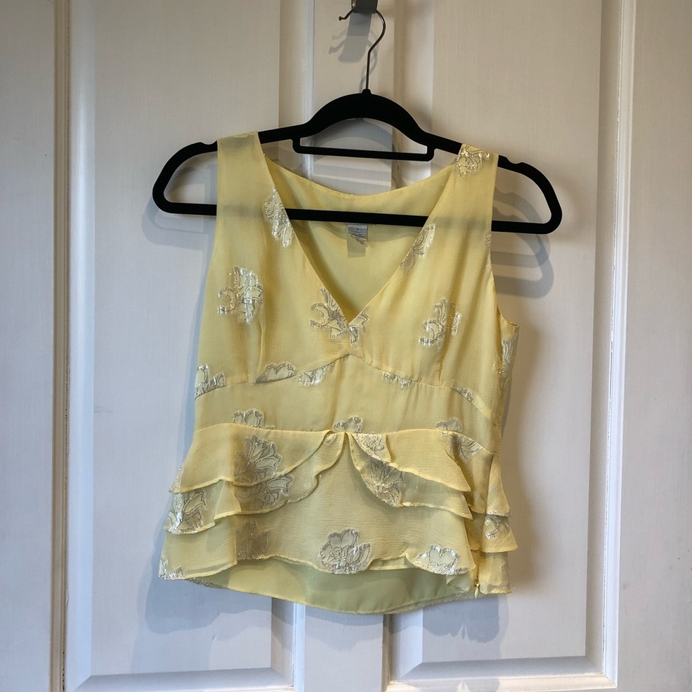 Anthropologie Yellow Metallic Floral Ruffle Sleeveless Blouse